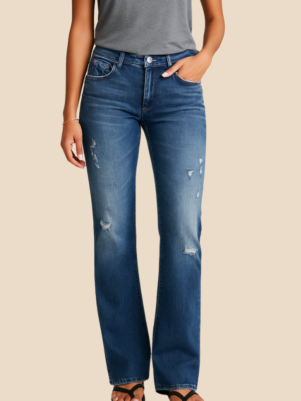 Women's Classic Straight Leg Distressed Blue Jeans - BritishElegance