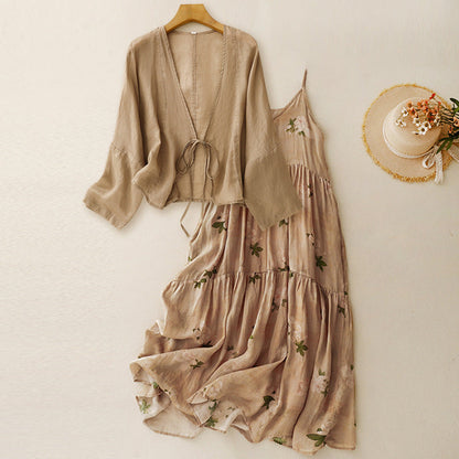 Grace Relaxed Fit Tie-Front Cardigan And Maxi Dress Two-Piece Set | V-Neck Cropped And Sleeveless Dress