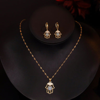 Isla Short Drop Dangle Earrings And Necklace Set | Evil Eye Motif Hamsa Hand Set