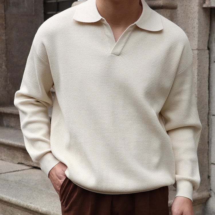 Old Money Waffle Knit Polo Shirt with V-Collar
