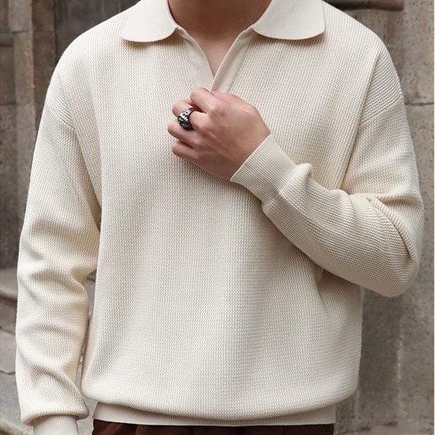 Old Money Waffle Knit Polo Shirt with V-Collar