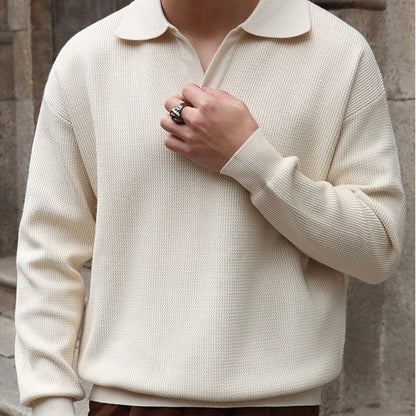 Old Money Waffle Knit Polo Shirt with V-Collar