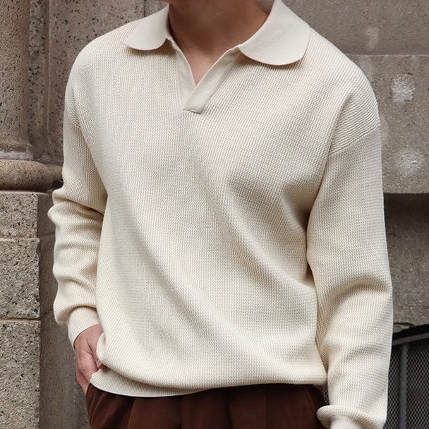Old Money Waffle Knit Polo Shirt with V-Collar