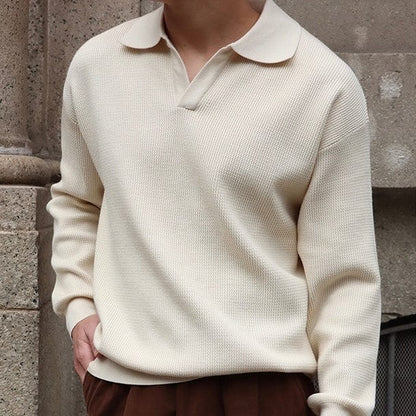 Old Money Waffle Knit Polo Shirt with V-Collar