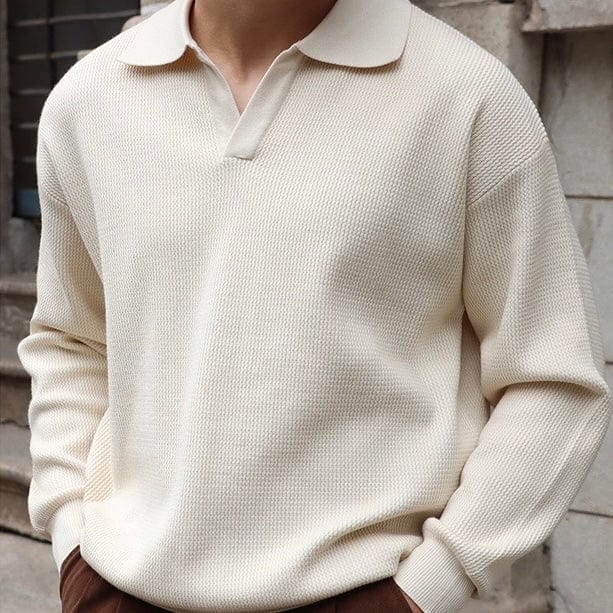 Old Money Waffle Knit Polo Shirt with V-Collar