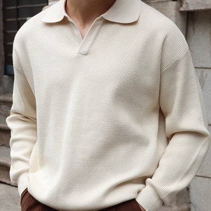 Old Money Waffle Knit Polo Shirt with V-Collar