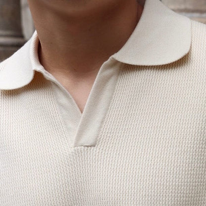 Old Money Waffle Knit Polo Shirt with V-Collar