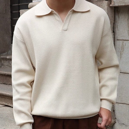 Old Money Waffle Knit Polo Shirt with V-Collar