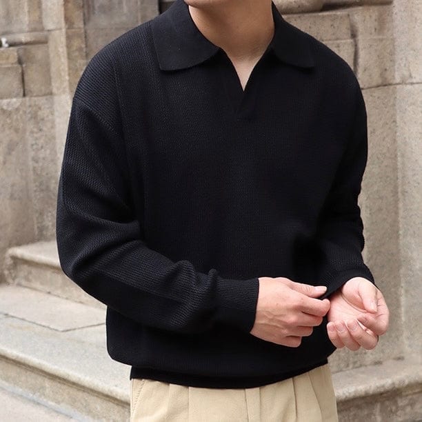 Old Money Waffle Knit Polo Shirt with V-Collar