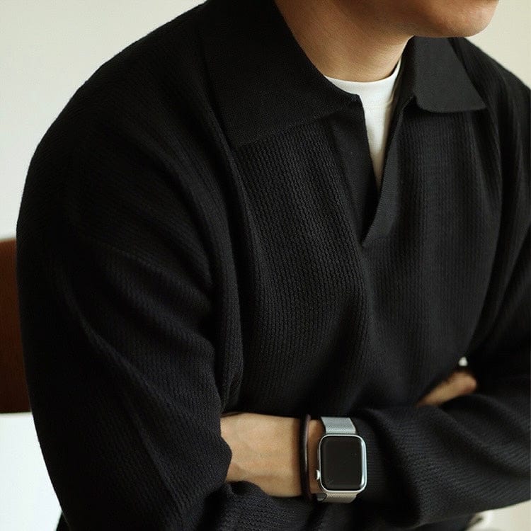 Old Money Waffle Knit Polo Shirt with V-Collar