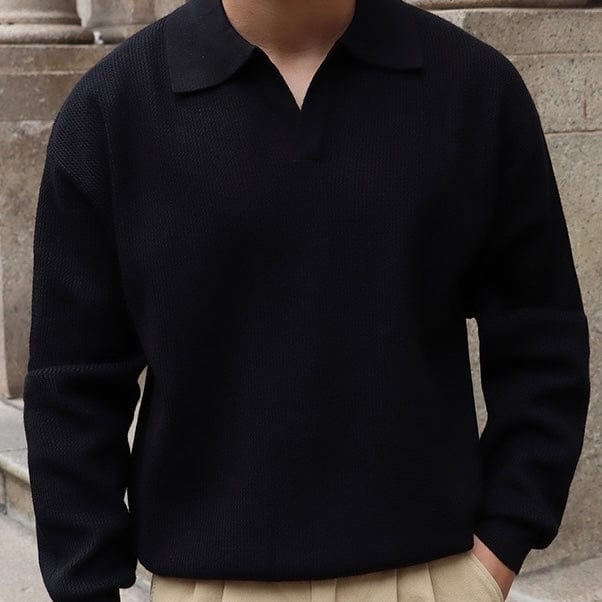Old Money Waffle Knit Polo Shirt with V-Collar