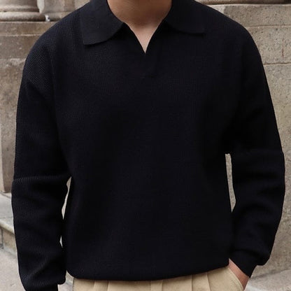 Old Money Waffle Knit Polo Shirt with V-Collar