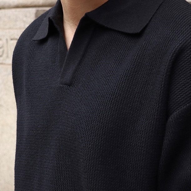 Old Money Waffle Knit Polo Shirt with V-Collar