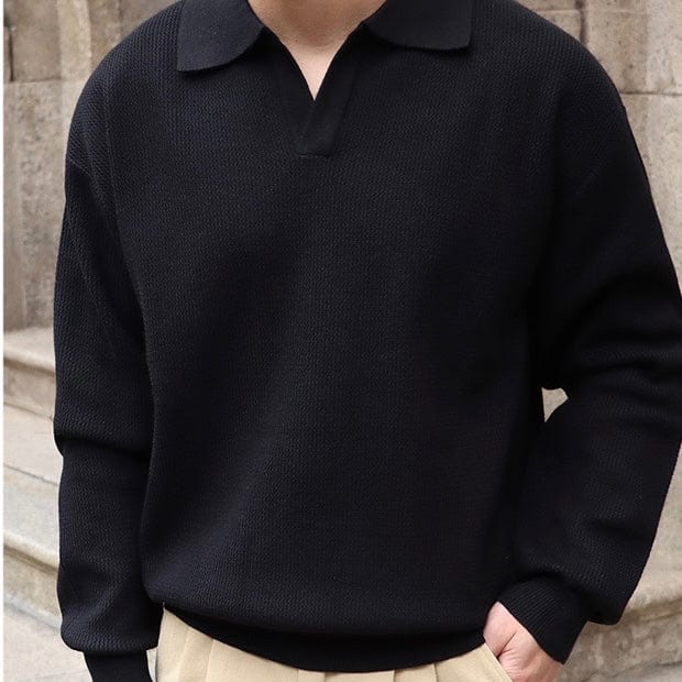 Old Money Waffle Knit Polo Shirt with V-Collar