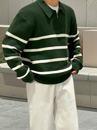 Clint - Green White Striped Quarter Zip Polo Jumper