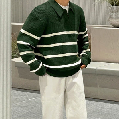 Clint - Green White Striped Quarter Zip Polo Jumper