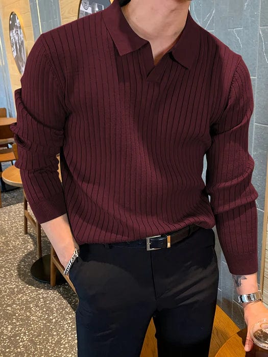 Philip - Ribbed V-Neck Longsleeve Polo Sweater
