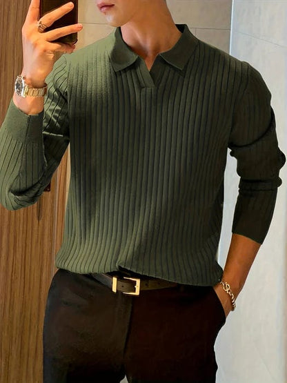 Philip - Ribbed V-Neck Longsleeve Polo Sweater