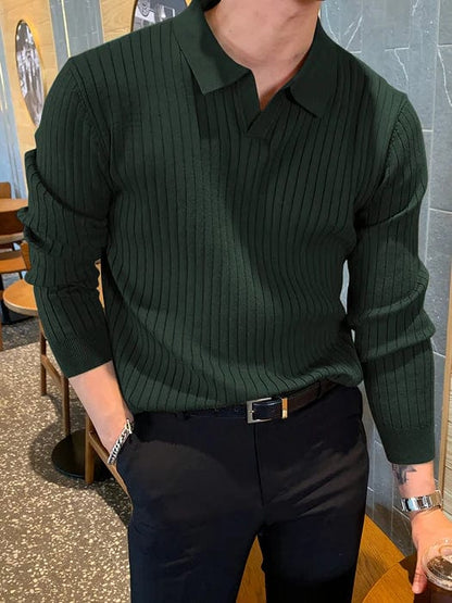 Philip - Ribbed V-Neck Longsleeve Polo Sweater