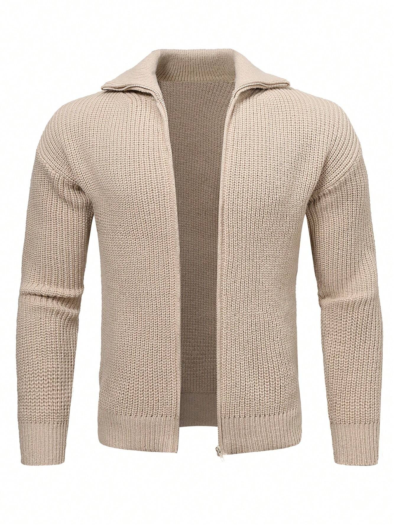 Beige Knitted Cardigan with Collar Men