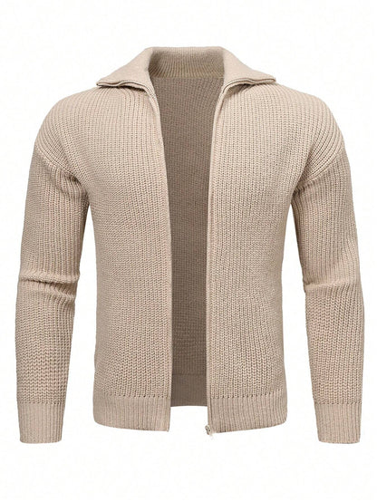 Beige Knitted Cardigan with Collar Men