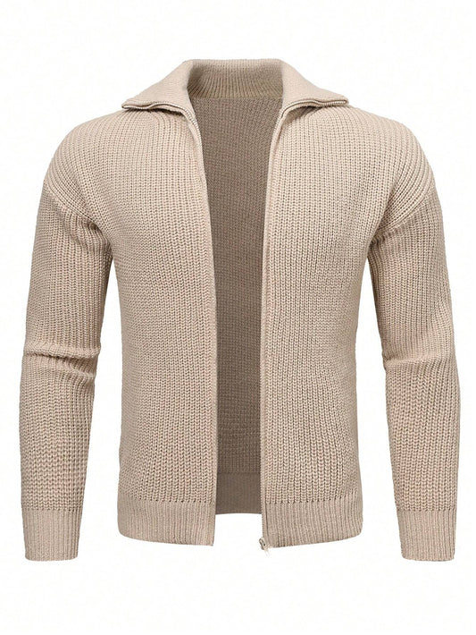 Beige Knitted Cardigan with Collar Men