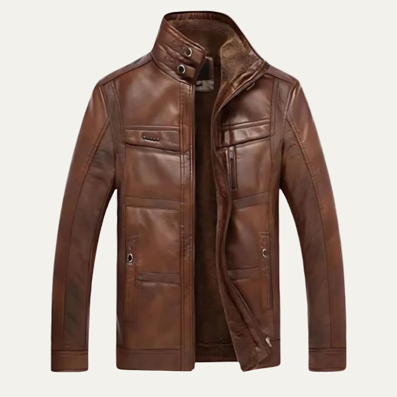 Men’s Stand Collar Leather Jacket with Multi Pockets