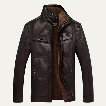 Men’s Stand Collar Leather Jacket with Multi Pockets