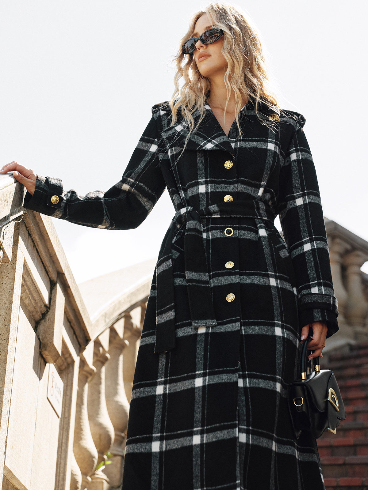 Mazie | Women's Long Belted Plaid Buttoned Trench Coat