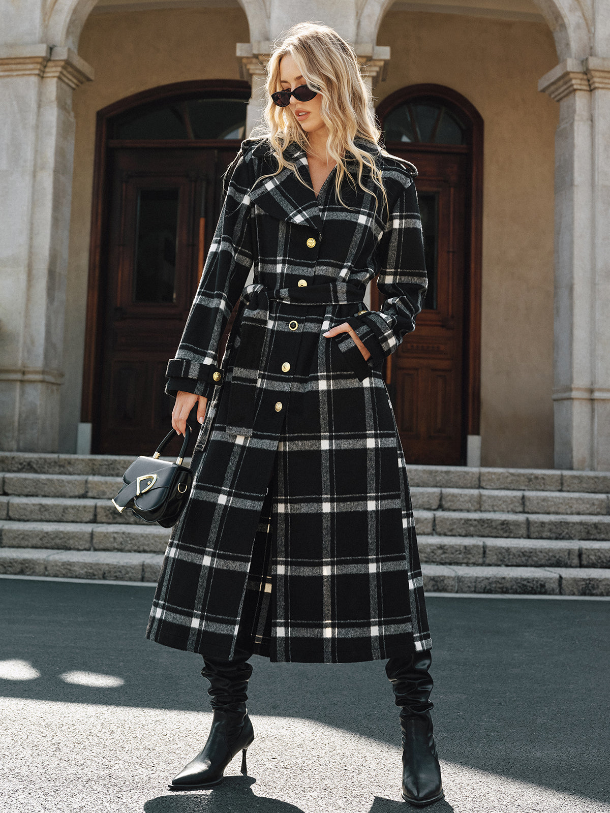 Mazie | Women's Long Belted Plaid Buttoned Trench Coat