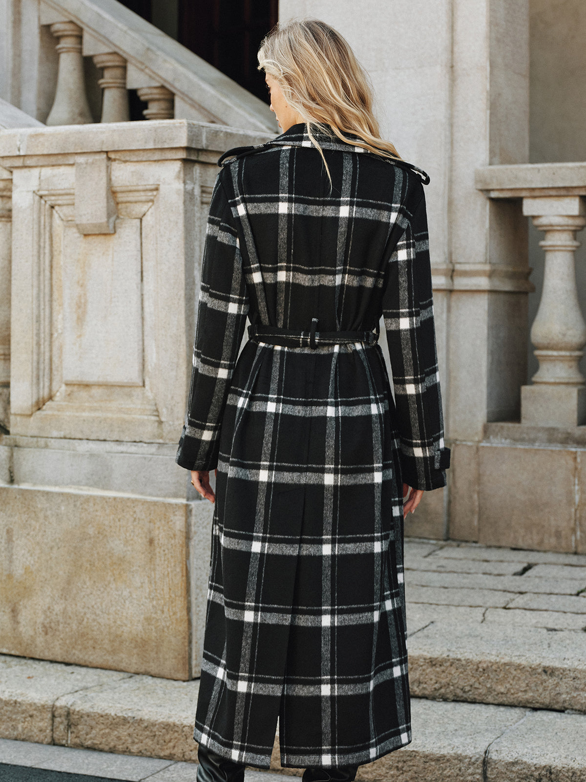 Mazie | Women's Long Belted Plaid Buttoned Trench Coat