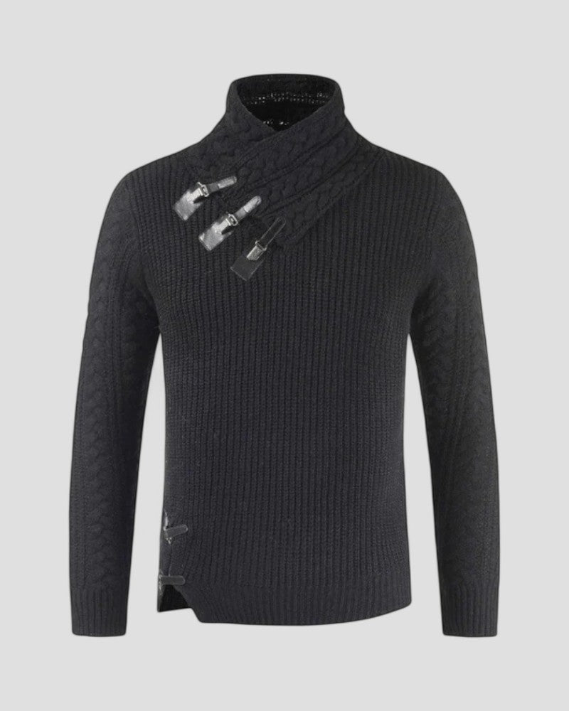 Men Knitted Winter Sweater with Buckle Collar Detail