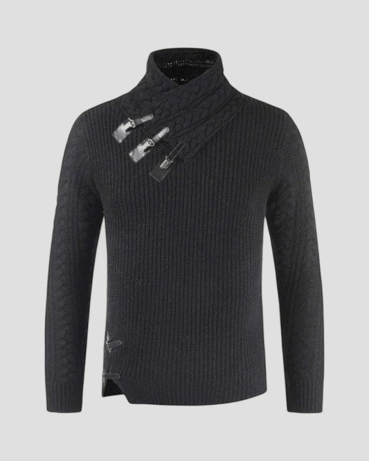 Men Knitted Winter Sweater with Buckle Collar Detail