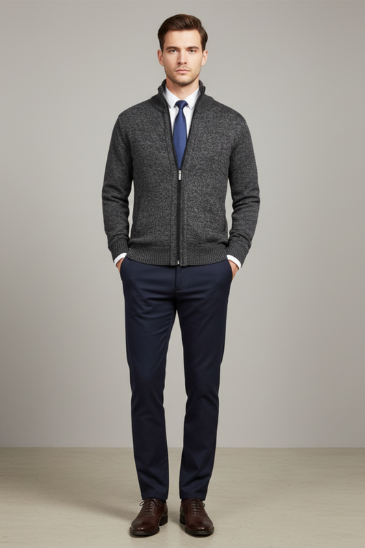 Men's Full Zip Knit Sweater With Ribbed Cuffs And Hem