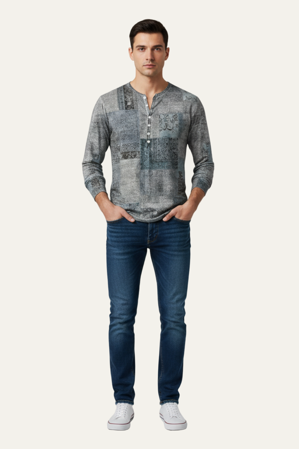 Men’s Printed Long Sleeve Henley Shirt