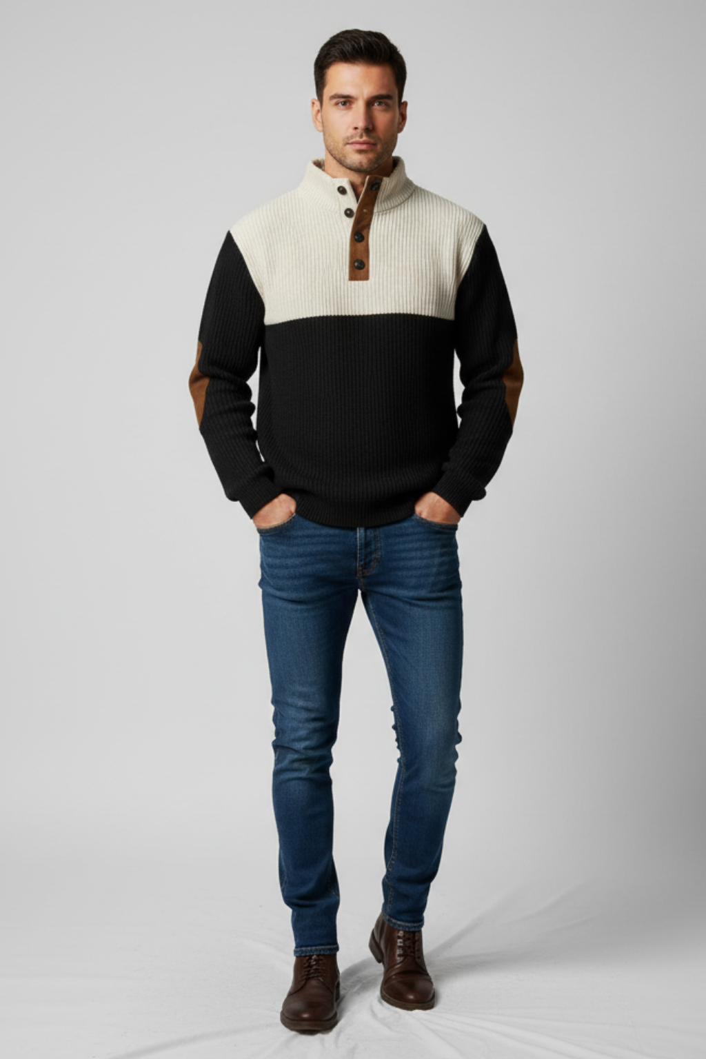 Men’s Ribbed Quarter-Button Pullover Sweater with Elbow Patches