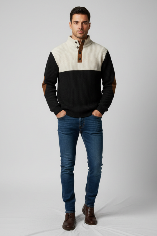 Men’s Ribbed Quarter-Button Pullover Sweater with Elbow Patches