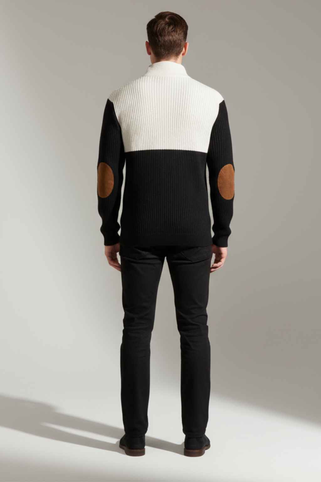 Men’s Ribbed Quarter-Button Pullover Sweater with Elbow Patches