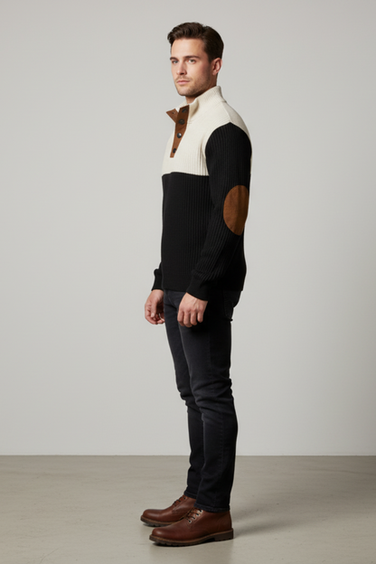 Men’s Ribbed Quarter-Button Pullover Sweater with Elbow Patches