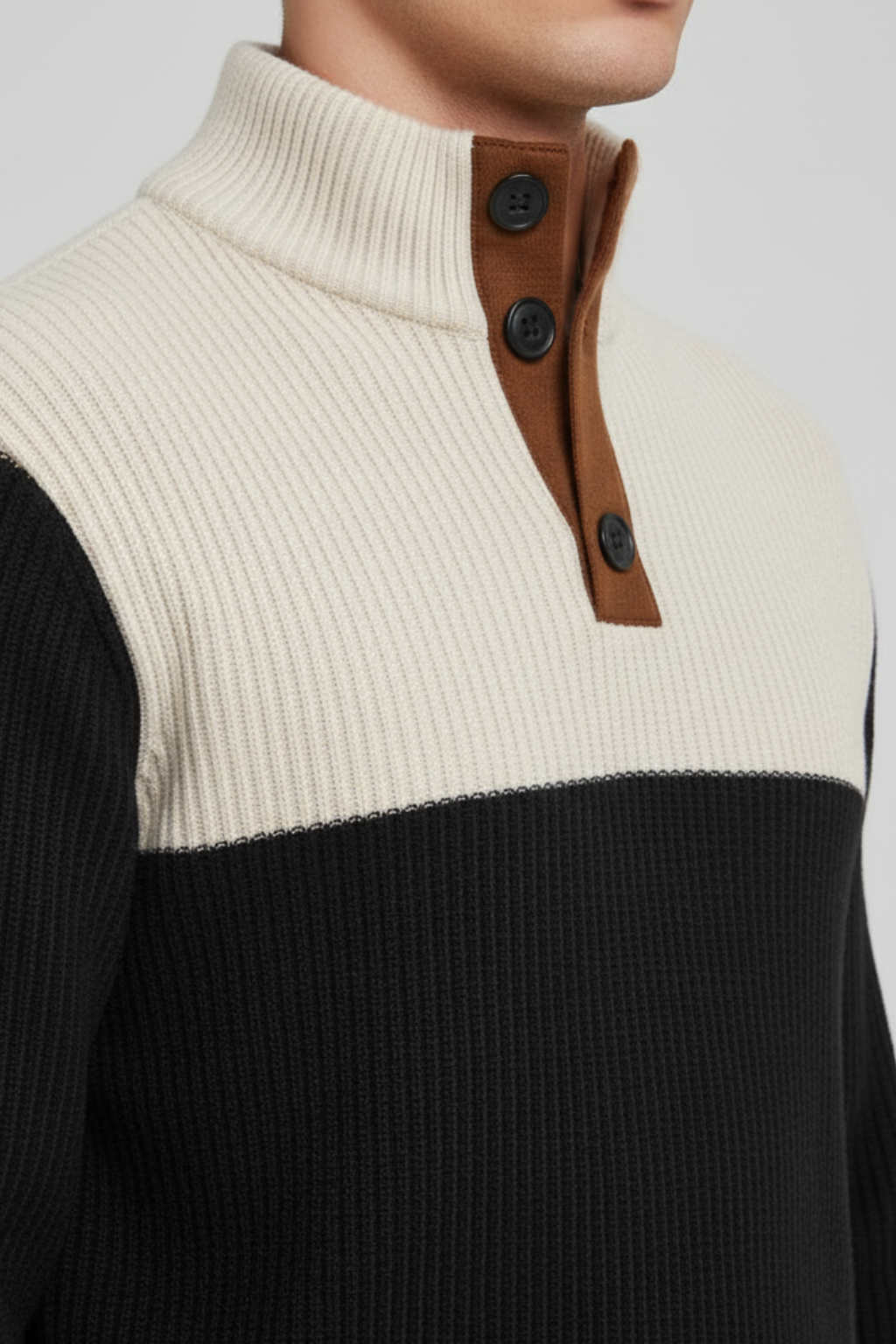 Men’s Ribbed Quarter-Button Pullover Sweater with Elbow Patches