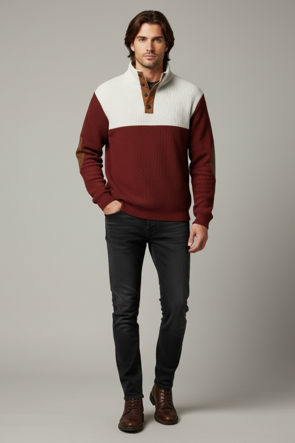 Men’s Ribbed Quarter-Button Pullover Sweater with Elbow Patches