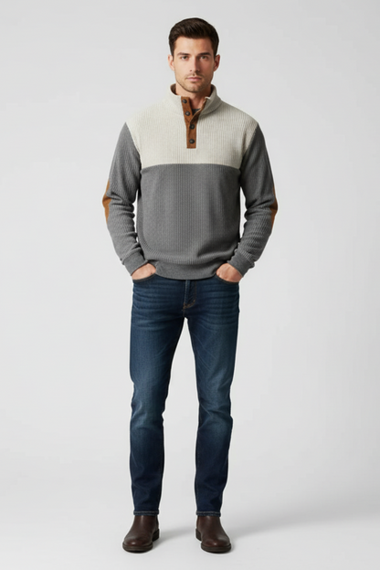 Men’s Ribbed Quarter-Button Pullover Sweater with Elbow Patches