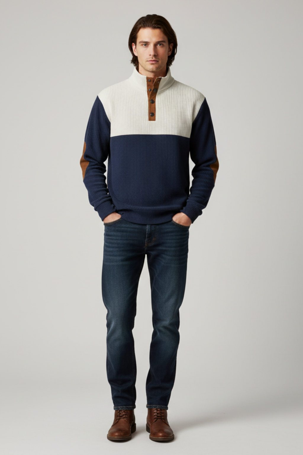 Men’s Ribbed Quarter-Button Pullover Sweater with Elbow Patches