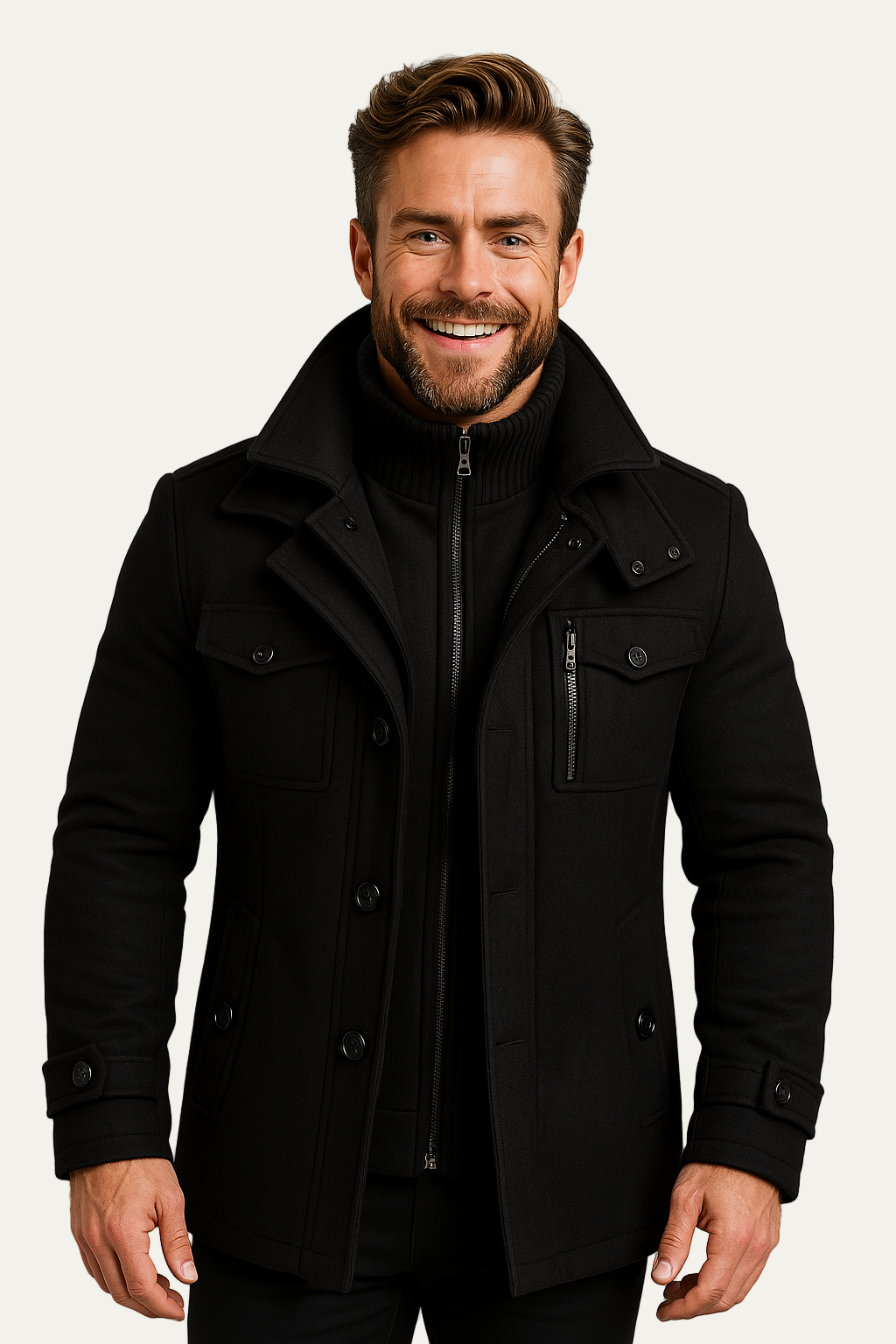 Men’s Wool-Blend Short Peacoat with Inner Zip Placket