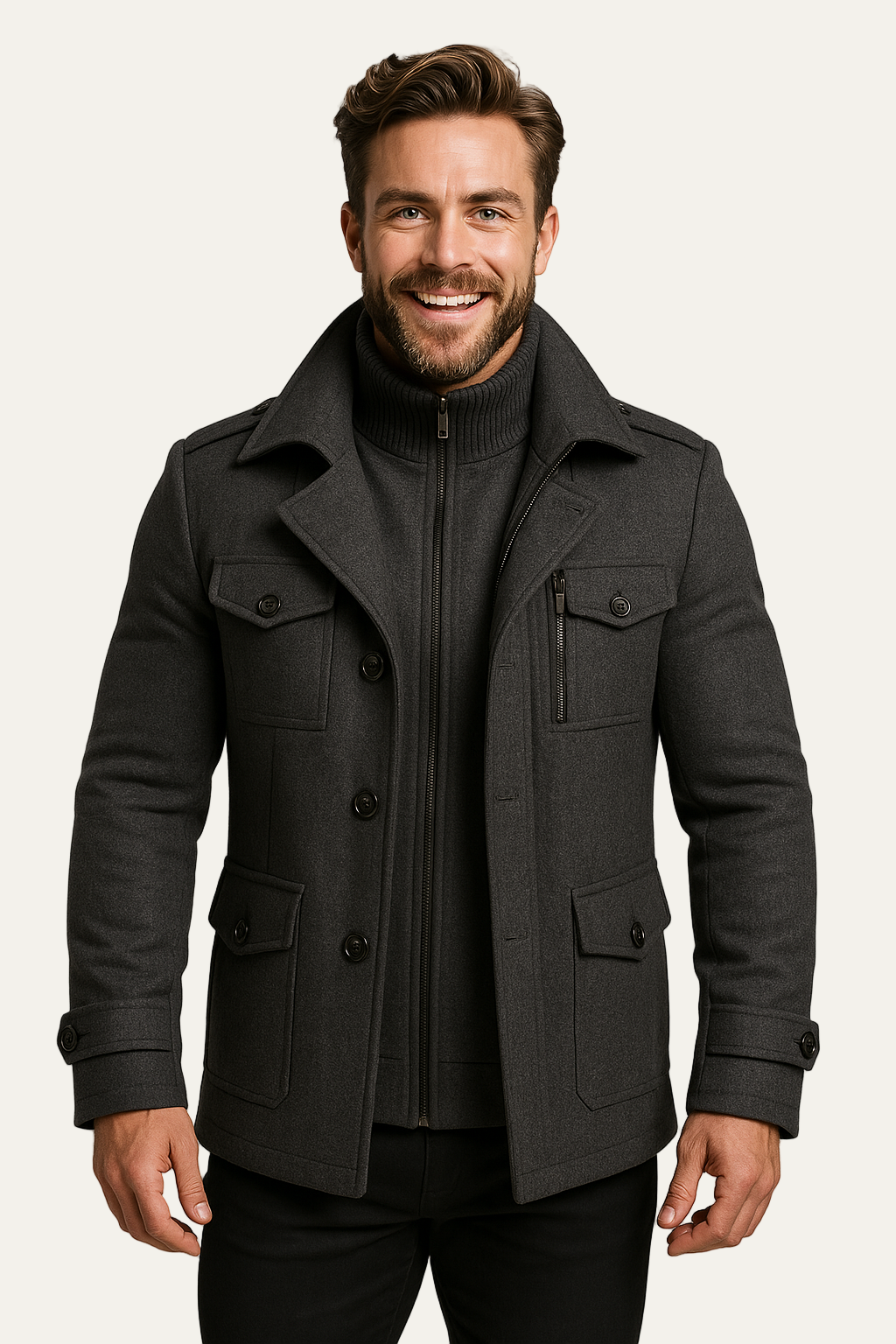 Men’s Wool-Blend Short Peacoat with Inner Zip Placket