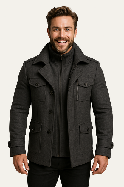 Men’s Wool-Blend Short Peacoat with Inner Zip Placket