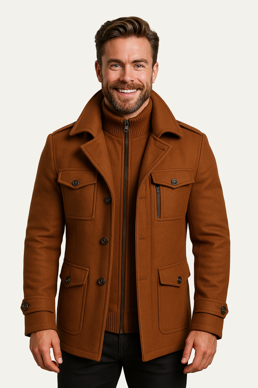 Men’s Wool-Blend Short Peacoat with Inner Zip Placket