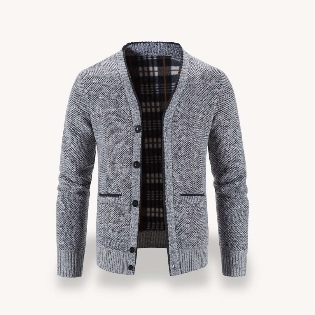 Men's Cardigan Sweater with Plaid Lining