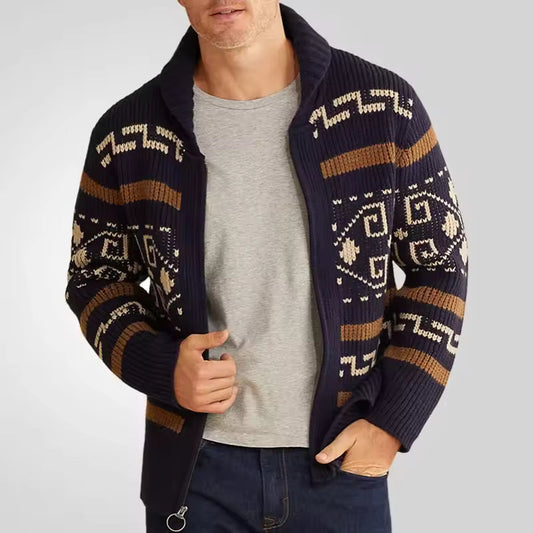 Men’s Chunky Shawl Collar Fair Isle Knit Cardigan