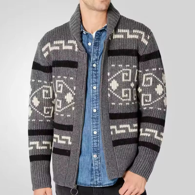 Men’s Chunky Shawl Collar Fair Isle Knit Cardigan